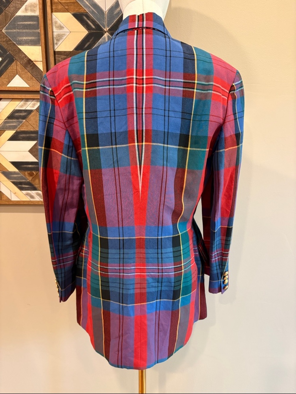 Vintage Ralph Lauren 80s Red Multi Plaid Double-Breasted Blazer Gold Buttons - Picture 7 of 16